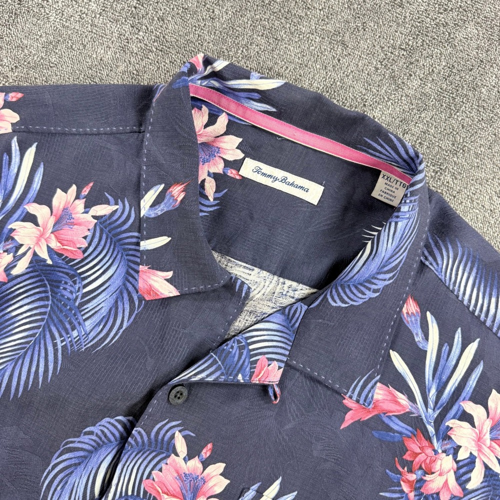 Tommy Bahama Mens XXL Silk Tropical Floral Palm Leaf Camp Shirt Navy Pink TB93